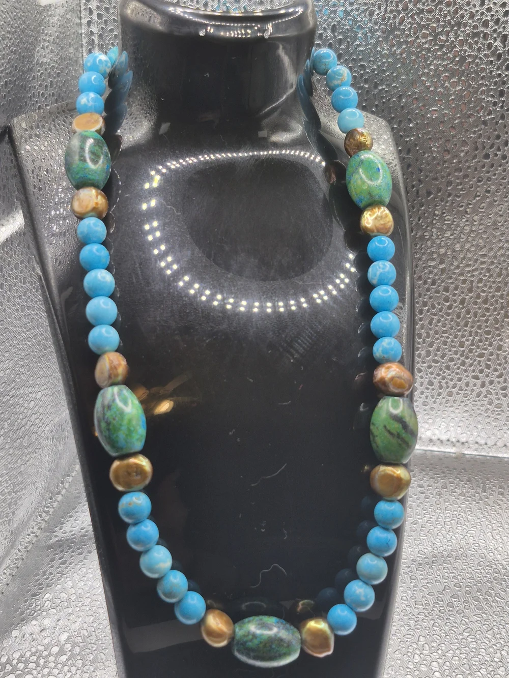 Genuine Blue Magnesite, Brown Pearl And Chrysocolla Jasper Necklace